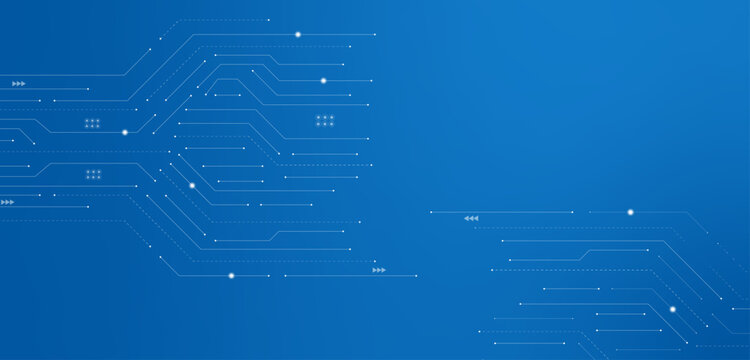 Circuit pattern displays a network of white lines and dots against a deep blue background circuitry connections digital technology electronic abstract graphic vector geometric modern