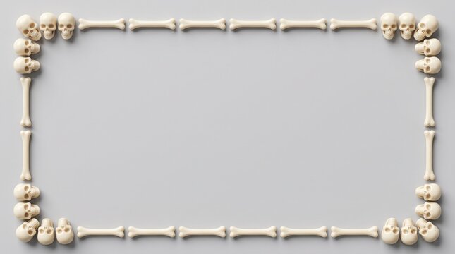 Minimalist Skull and Bone Rectangle Frame Border on Gray Background with Copy Space