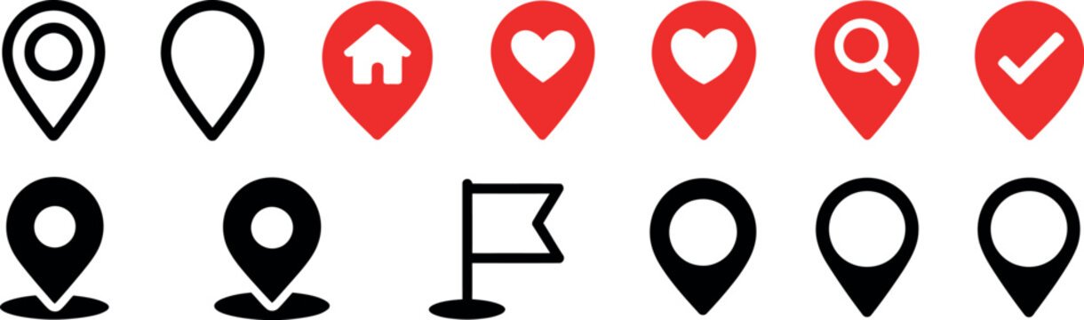 Location map pin and marker icons set. GPS navigation and position tracking symbol. Simple pictogram for place mark, home location, favorite spot, search destination, check-in flag, website interface 