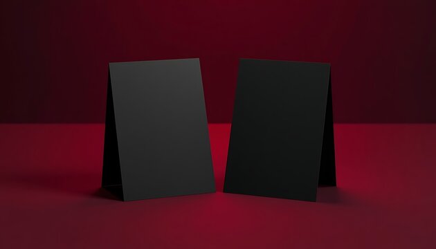 Two blank black table tent cards on a dark red background.
