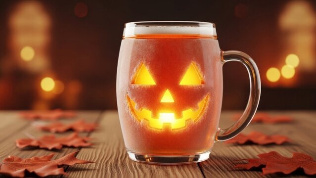 Glowing jack o lantern face on a cold beer mug creates a festive Halloween drink scene with autumn leaves