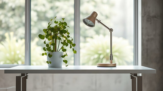 Sleek standing desk with pothos plant and lamp, serene home office interior.
