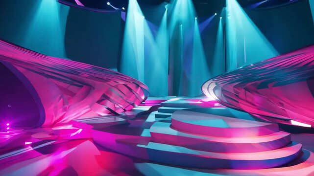 Abstract pink and blue stage with sweeping spotlights and glossy curves, futuristic show scene, product launch and concert backdrop.