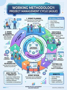 Agile methodology infographic illustrating the project management cycle with development steps including sprint planning, continuous improvement, and quality assurance team workflows