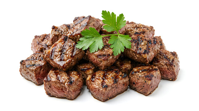 A pile of grilled beef steak cubes garnished with fresh parsley isolated on a white background