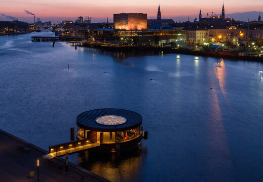 Royal Danish Opera House and harbour bus stop on Copenhagen harbour, Denmark