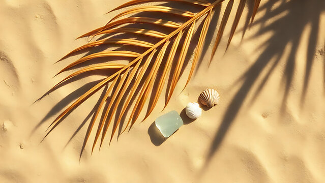 Golden sand with palm shadow, tiny shells and sea glass, summer travel concept.