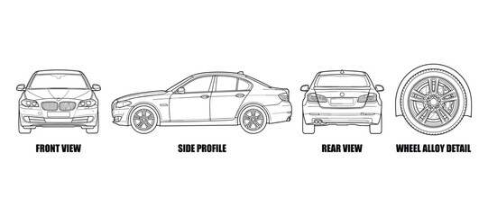 Obraz premium Luxury sedan car visualized in front side rear and wheel alloy detail views for automotive industry and design.