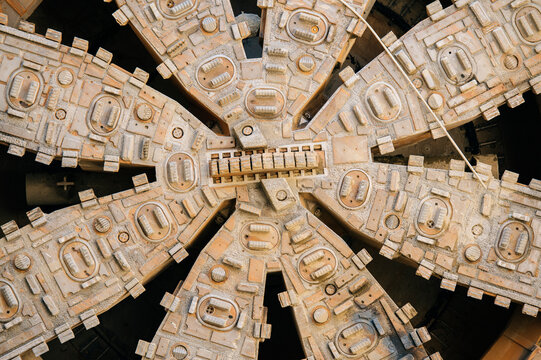 Close-up of a tunnel boring machine cutting head in USA construction