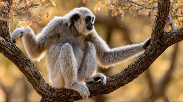 White Handed Gibbon Sitting on Tree Branch in Wildlife