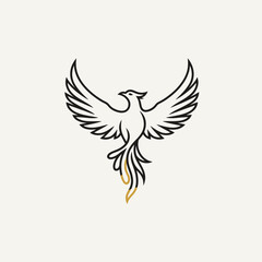 Fototapeta premium Black line art phoenix with gold accents.