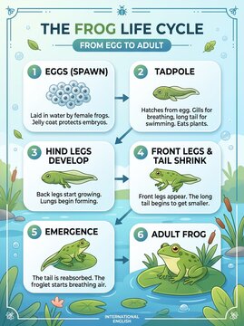 Frog life cycle educational infographic showing biological development stages from egg to tadpole and finally into a mature adult frog