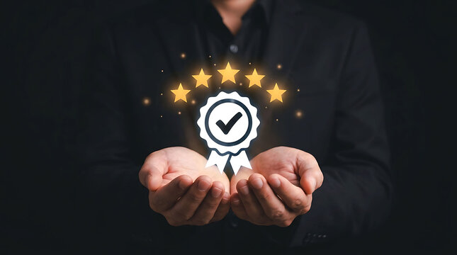 Businessman holding five star quality assurance guarantee certificate badge