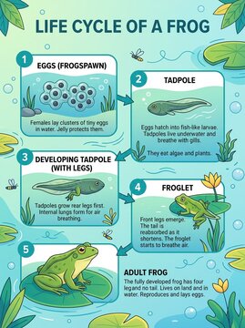 Frog life cycle educational infographic chart showing stages from spawn to tadpole and adult amphibian for classroom biology science study