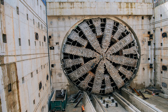 Tunnel boring machine at a deep excavation construction site