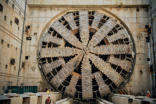 Tunnel boring machine drill head at a USA construction site