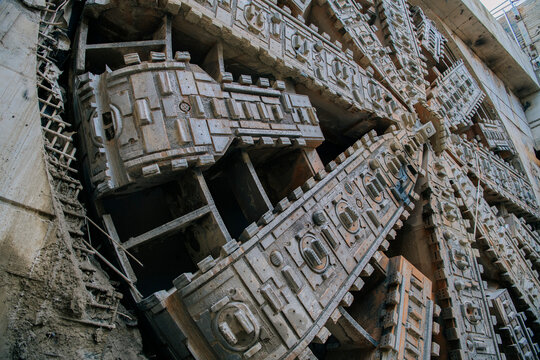 Close-up of the boring head of a tunnel boring machine drilling