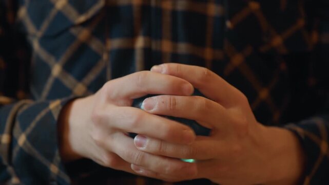 Close up of hands holding crystal ball fingers gently grasping sphere. person wears plaid shirt with blue and gold pattern creating soft texture detail in background. Lighting is warm indoor