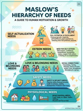 Maslow hierarchy of needs pyramid chart displaying human motivation stages for psychological development and personal growth in professional educational infographic