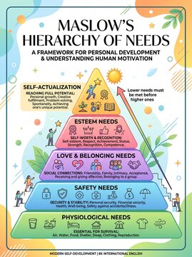 Maslow hierarchy of needs pyramid infographic displaying psychological and physiological human motivation stages for professional personal development and educational growth planning