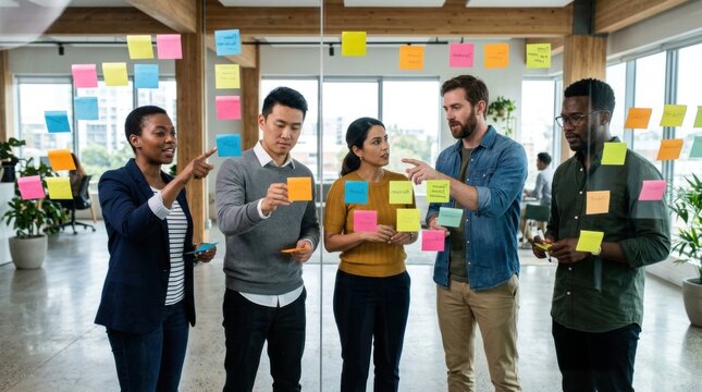 Diverse team of five coworkers brainstorming ideas with colorful sticky notes on a glass wall in a modern office, discussing project plans in a collaborative meeting with focused, creative energy