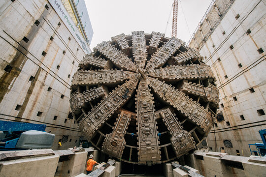 A giant tunnel boring machine prepares for drilling