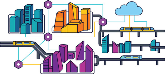 Obraz premium Smart city infrastructure and automated transportation connected through cloud computing networks