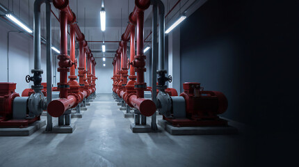 Naklejka premium Industrial water pump system with red pipes and electric motors in a modern utility room or factory facility with copy space