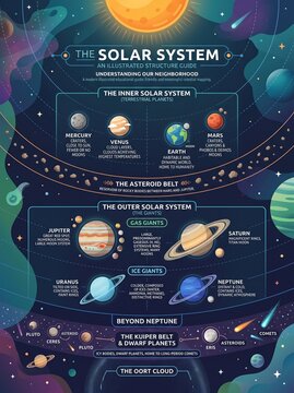 Solar system educational infographic featuring colorful planets orbits stars and space elements in a detailed flat vector artistic design layout