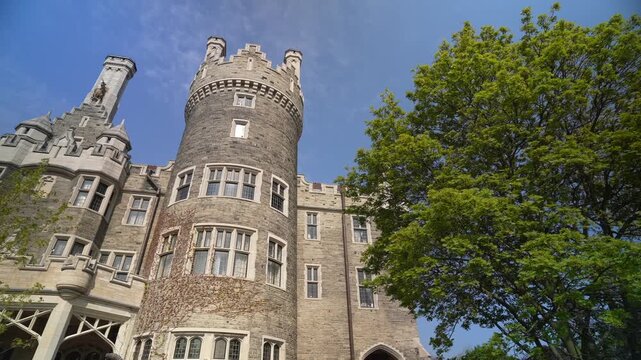 View of exterior of Casa Loma, Gothic&sbquo;&Auml;&euml;revival castle on a sunny day in spring, Toronto, Ontario, Canada, North America