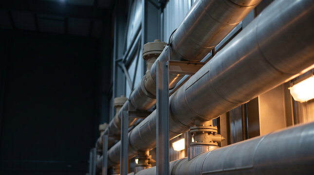 Industrial metal pipes and large diameter steel tubing installed in a factory or refinery facility with warm lighting and negative space
