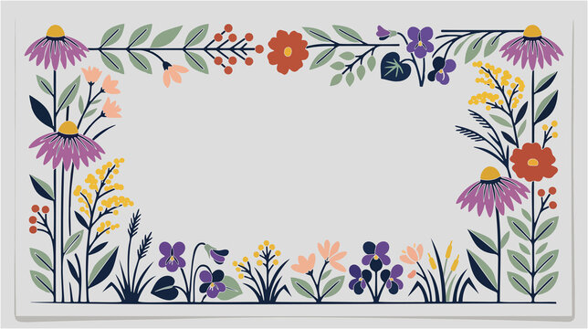 Botanical border vector frame with  wildflowers and leaves in folk art style with empty center.