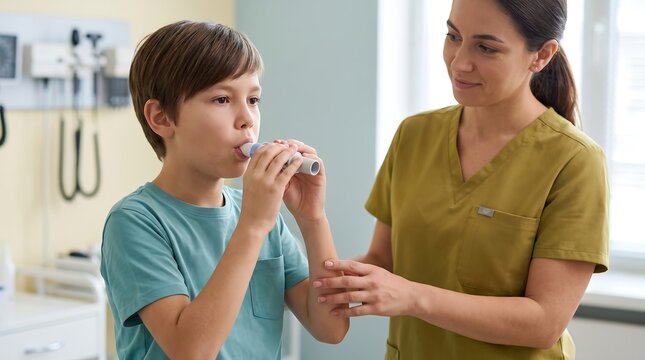 A young boy uses a spirometer with a nurse assisting him in a medical examination room.