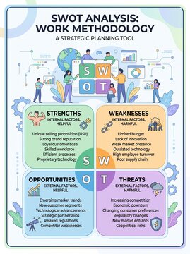 SWOT analysis infographic displaying strategic business planning methodology with colorful corporate icons and professional flat vector style design elements layout
