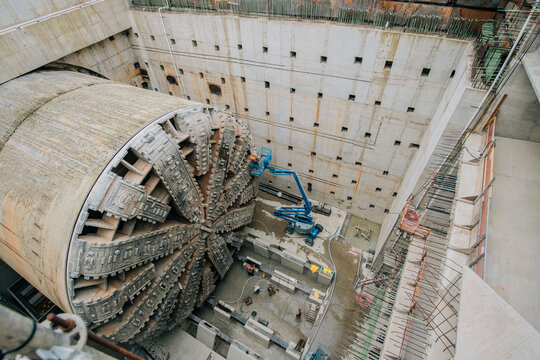 A large tunnel boring machine at an excavation site