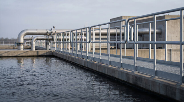Industrial water treatment plant with large metal pipes, concrete tanks, and metal walkway railings overlooking a reservoir with copy space