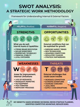 SWOT analysis infographic chart showing strategic business planning framework with four quadrants for identifying internal and external corporate growth factors