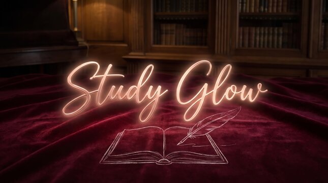 Neon study glow sign hovering above a classic open book with a quill pen illustration on rich deep red velvet