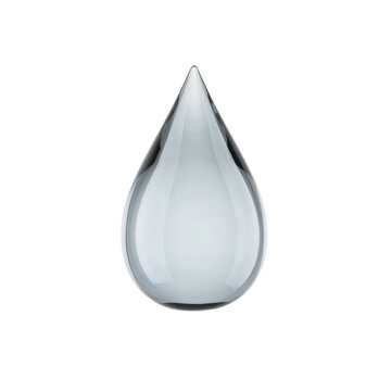 Single smooth glass water drop shape with soft grey tones and reflective surfaces for use isolated on a transparent background