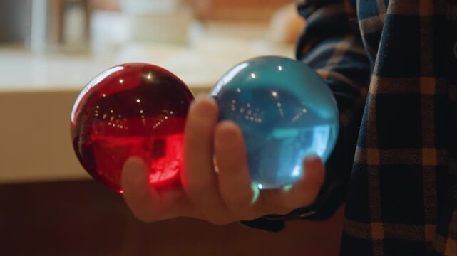 Close up of person holding two colorful glass spheres one red and one blue in their hand. subject manipulates transparent objects to showcase reflections within them against indoor