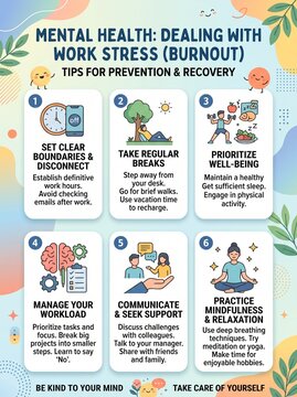 Mental health infographic showing tips for preventing work stress and burnout with colorful vector icons and clear educational text blocks