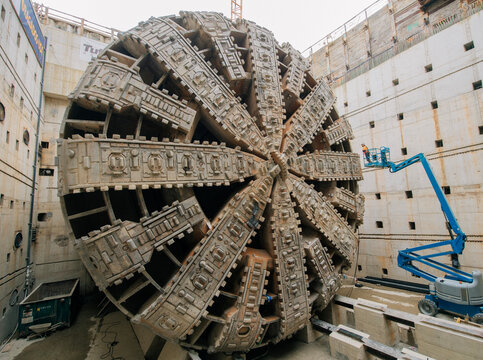 Tunnel boring machine positioned for drilling