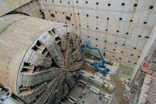 Tunnel boring machine undergoing maintenance