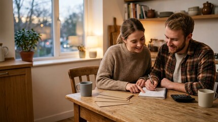 Obraz premium Budget Conscious Holiday Gifting and Smart Spending Choices Two people collaborate at a cozy kitchen table, sharing ideas and enjoying each other's company.