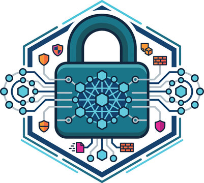 Advanced cybersecurity digital padlock shield protecting interconnected global network data nodes