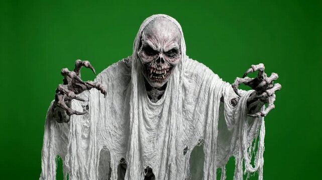 Scary skeleton ghost reaching out with claws, halloween horror character on green screen for chroma key compositing