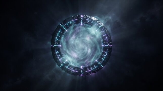 Futuristic stargate portal in deep space, glowing cosmic wormhole with energy swirls, sci-fi interdimensional gateway background