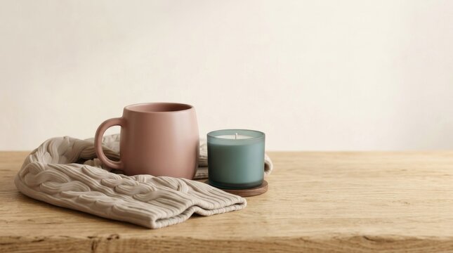 Budget Conscious Holiday Gifting and Smart Spending Choices A cozy scene featuring a mug, candle, and textile on a wooden surface.