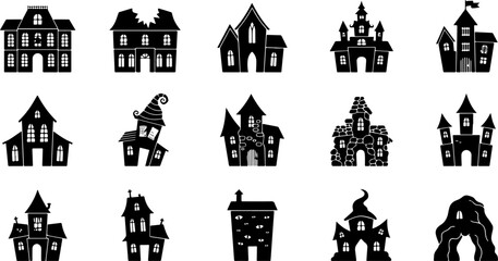 Naklejka premium Collection of black house silhouettes depicts various architectural styles on a white background architecture buildings cottage dwelling estate facade