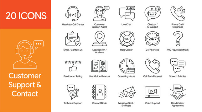 Customer support icon set with headset chat chatbot telephone email location help center service feedback manual operating hours callback technical support contact book message video handshake